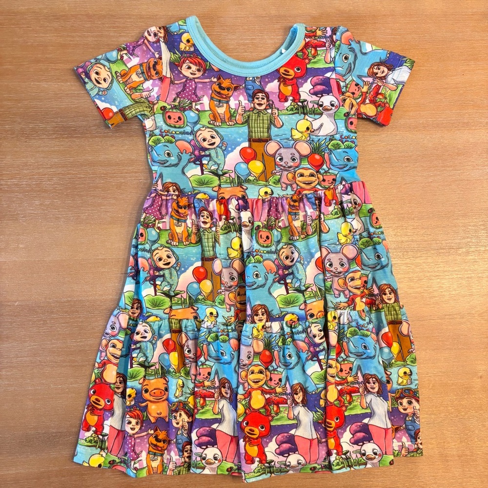 Showstoppers Bamboo Short Sleeve Twirl Dress, Multicolor Cocomelon Print, Sz 3T